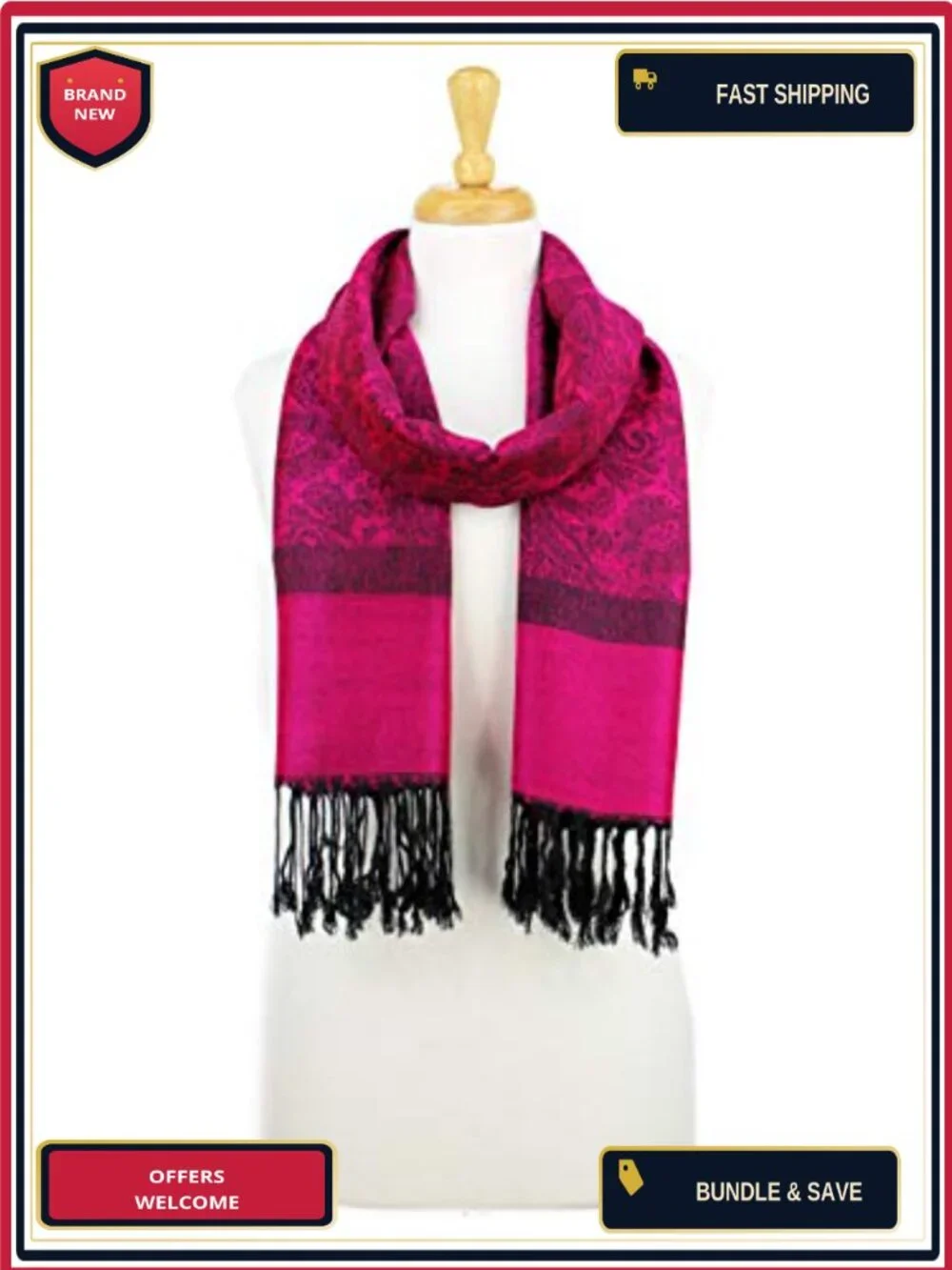 Paisley Jacquard Pashmina Shawl Wrap Scarf Stole - Viscose Acrylic, Lightweight